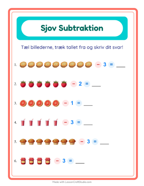 Forhåndsvisning af Subtraktion-arbejdsark med Morgenmad til Børnehaveklasse
