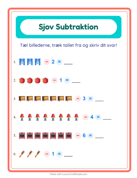 Forhåndsvisning af Minus til 10 med billeder og tal: ting – opgaver til 1. klasse