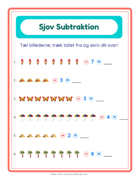Forhåndsvisning af Subtraktion-arbejdsark med Sommer til Børnehaveklasse