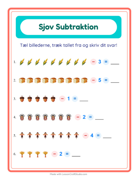 Forhåndsvisning af Subtraktion-arbejdsark med Thanksgiving til Børnehaveklasse