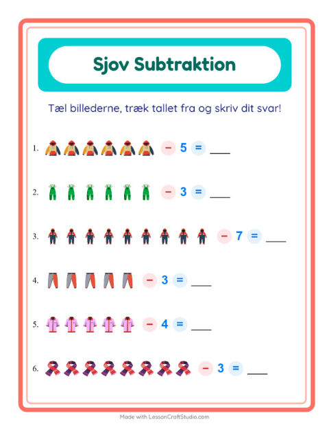 Forhåndsvisning af Subtraktion-arbejdsark med Tøj til Børnehaveklasse