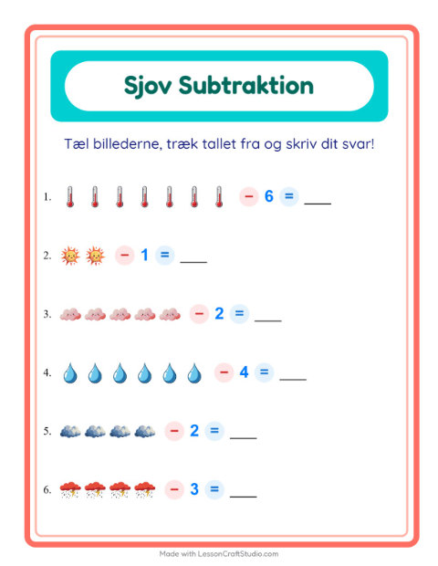 Forhåndsvisning af Subtraktion-arbejdsark med Vejr til Børnehaveklasse
