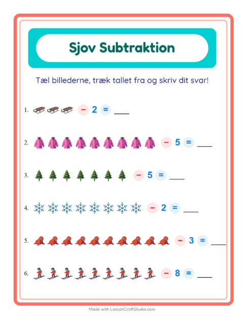 Forhåndsvisning af Subtraktion-arbejdsark med Vinter til Børnehaveklasse