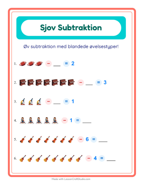 Forhåndsvisning af Subtraktion-arbejdsark med Aktiviteter til Børnehaveklasse
