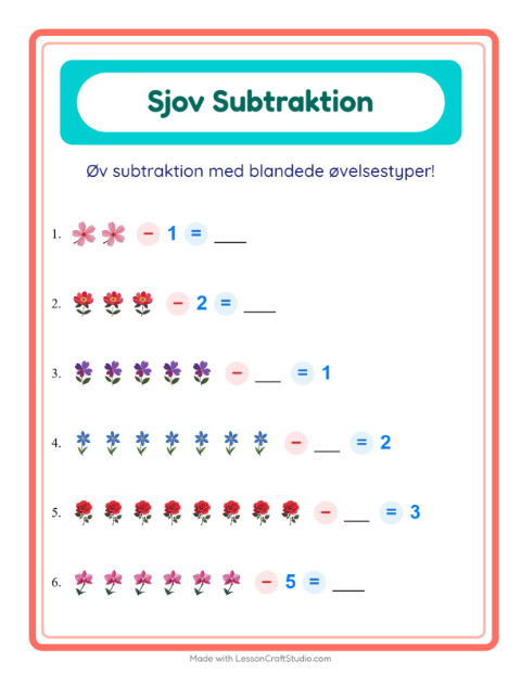 Forhåndsvisning af Subtraktion-arbejdsark med Blomster til Børnehaveklasse