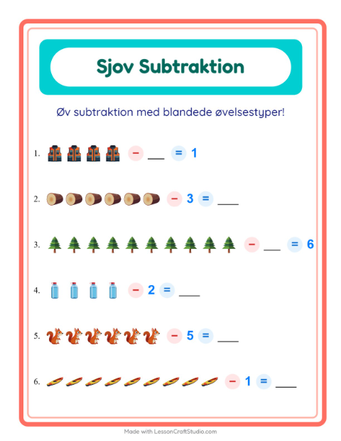 Forhåndsvisning af Subtraktion-arbejdsark med Camping til Børnehaveklasse