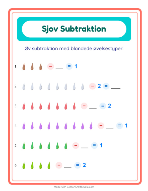 Forhåndsvisning af Subtraktion-arbejdsark med Farver til Børnehaveklasse