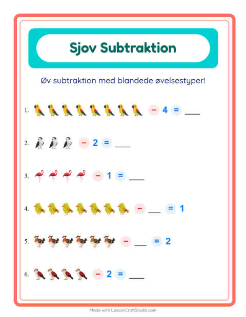 Minusopgaver – Fugle 2