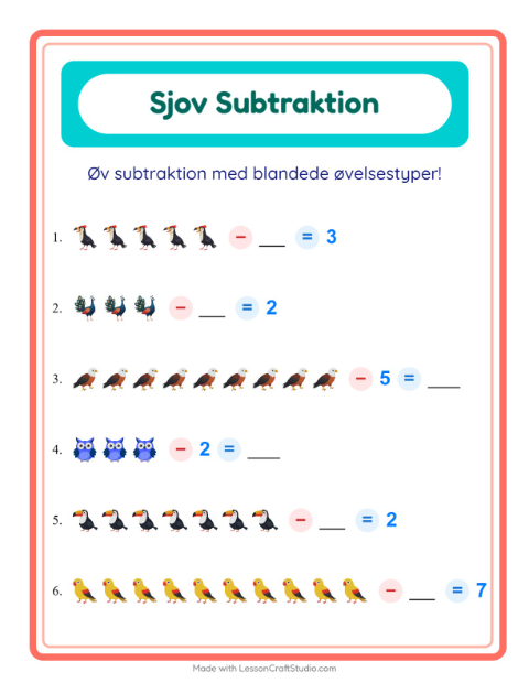 Forhåndsvisning af Subtraktion-arbejdsark med Fugle til Børnehaveklasse