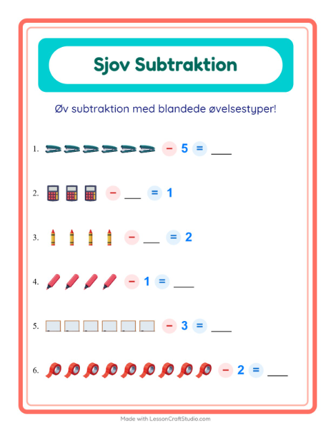 Forhåndsvisning af Subtraktion-arbejdsark med Klasseværelse til Børnehaveklasse