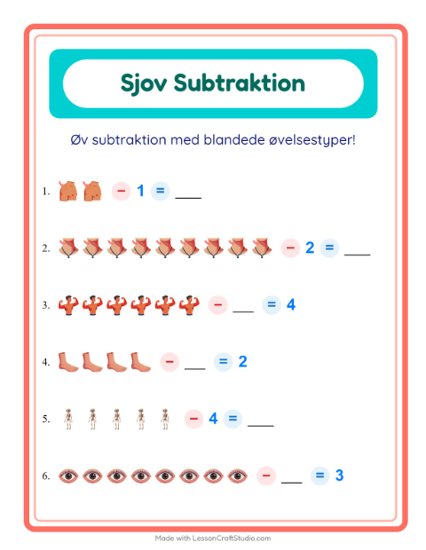 Forhåndsvisning af Subtraktion-arbejdsark med Kropsdele til Børnehaveklasse