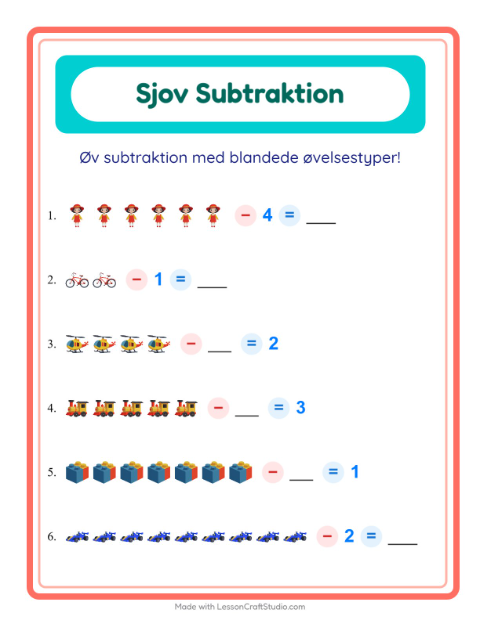 Forhåndsvisning af Subtraktion-arbejdsark med Legetøj til Børnehaveklasse