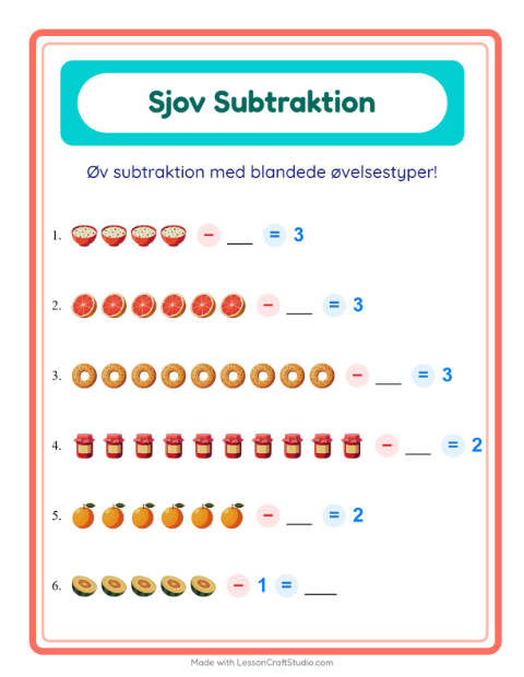 Forhåndsvisning af Subtraktion-arbejdsark med Morgenmad til Børnehaveklasse