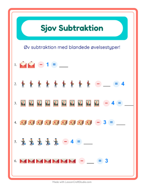 Forhåndsvisning af Subtraktion-arbejdsark med Postkontor til Børnehaveklasse