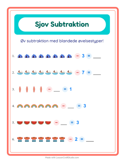 Forhåndsvisning af Subtraktion-arbejdsark med Sommer til Børnehaveklasse