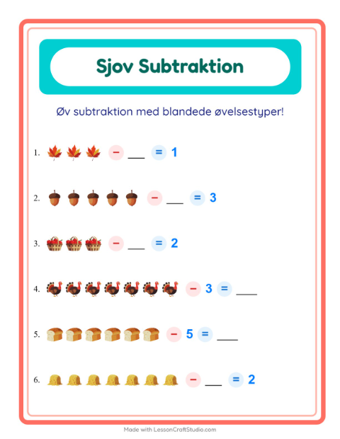 Forhåndsvisning af Subtraktion-arbejdsark med Thanksgiving til Børnehaveklasse