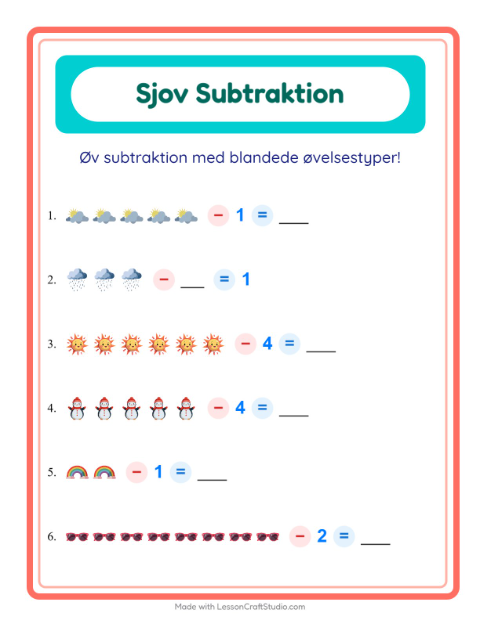 Forhåndsvisning af Subtraktion-arbejdsark med Vejr til Børnehaveklasse