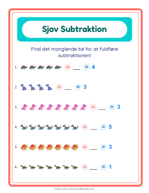 Forhåndsvisning af Subtraktion-arbejdsark med Dinosaurer til Børnehaveklasse