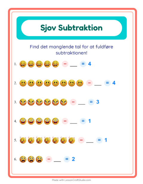 Forhåndsvisning af Subtraktion-arbejdsark med Følelser til Børnehaveklasse