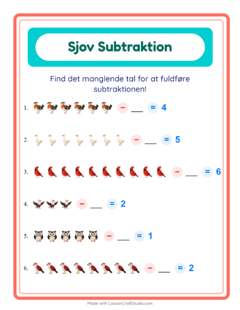 Forhåndsvisning af Subtraktion-arbejdsark med Fugle 2 til Børnehaveklasse