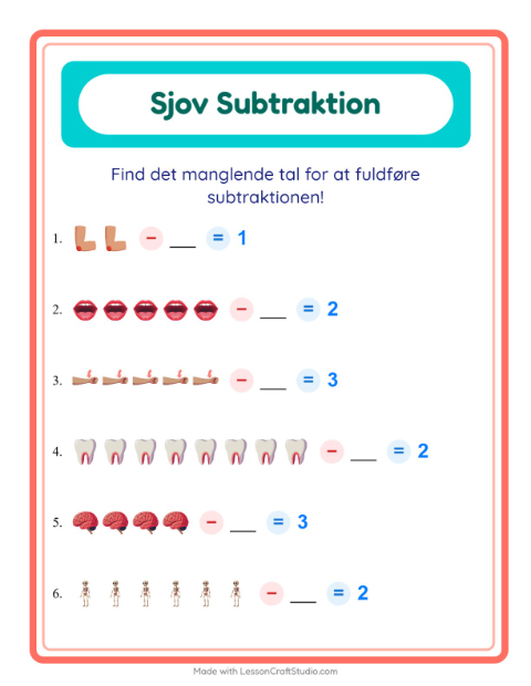 Forhåndsvisning af Subtraktion-arbejdsark med Kropsdele til Børnehaveklasse