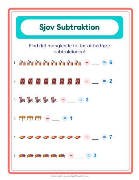 Forhåndsvisning af Subtraktion-arbejdsark med Møbler til Børnehaveklasse