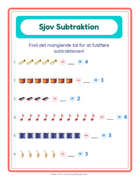 Forhåndsvisning af Subtraktion-arbejdsark med Musik til Børnehaveklasse
