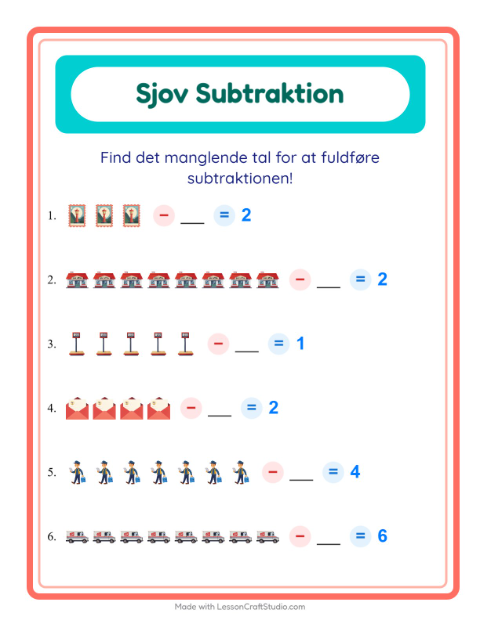 Forhåndsvisning af Subtraktion-arbejdsark med Postkontor til Børnehaveklasse
