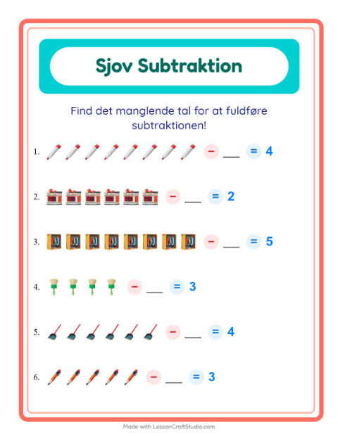 Forhåndsvisning af Subtraktion-arbejdsark med Rundt i huset til Børnehaveklasse
