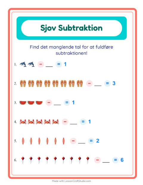 Forhåndsvisning af Subtraktion-arbejdsark med Sommer til Børnehaveklasse