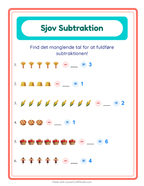 Forhåndsvisning af Subtraktion-arbejdsark med Thanksgiving til Børnehaveklasse