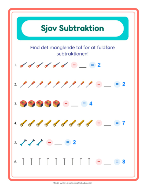 Forhåndsvisning af Subtraktion-arbejdsark med Værktøj til Børnehaveklasse