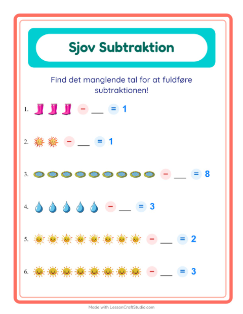 Forhåndsvisning af Subtraktion-arbejdsark med Vejr til Børnehaveklasse