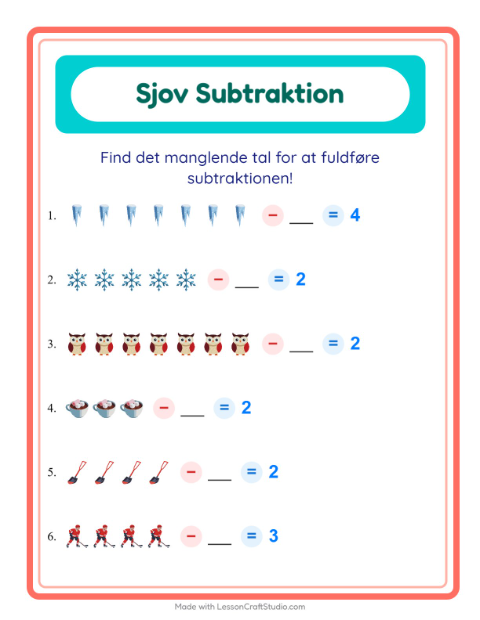 Forhåndsvisning af Subtraktion-arbejdsark med Vinter til Børnehaveklasse