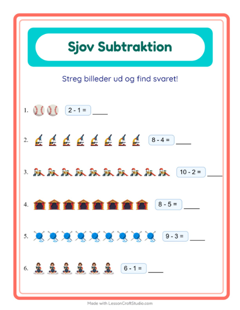 Forhåndsvisning af Subtraktion-arbejdsark med Aktiviteter til Børnehaveklasse