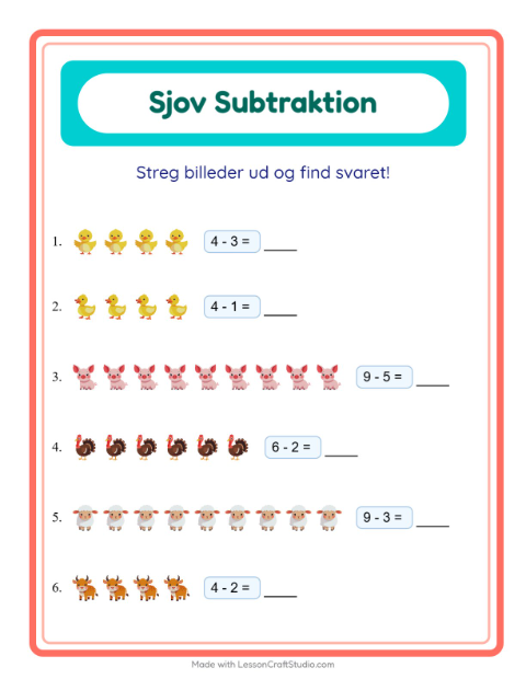 Forhåndsvisning af Subtraktion-arbejdsark med Bondegårdsdyr til Børnehaveklasse