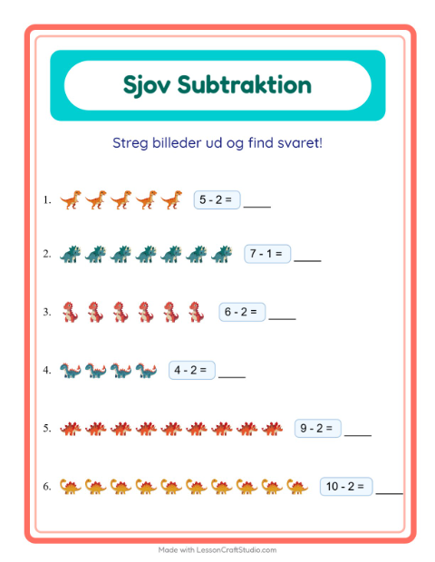 Forhåndsvisning af Subtraktion-arbejdsark med Dinosaurer til Børnehaveklasse