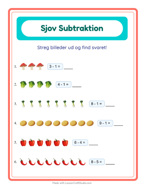 Forhåndsvisning af Subtraktion-arbejdsark med Grøntsager til Børnehaveklasse