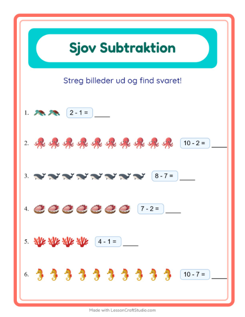 Forhåndsvisning af Subtraktion-arbejdsark med Havliv til Børnehaveklasse