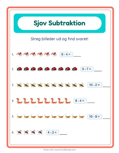 Forhåndsvisning af Subtraktion-arbejdsark med Insekter og kryb til Børnehaveklasse