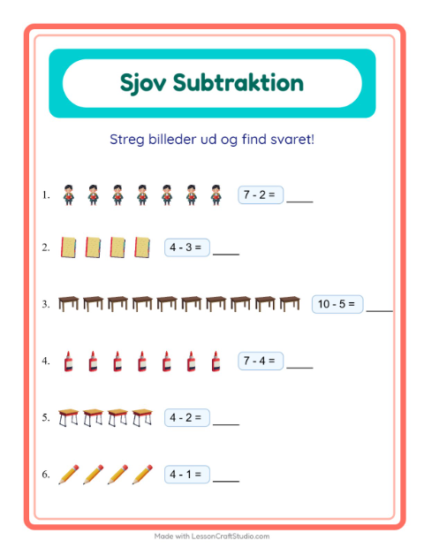 Forhåndsvisning af Subtraktion-arbejdsark med Klasseværelse til Børnehaveklasse