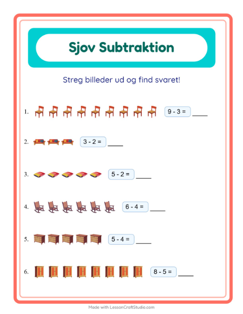 Forhåndsvisning af Subtraktion-arbejdsark med Møbler til Børnehaveklasse