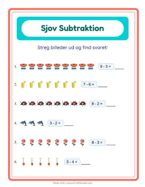 Forhåndsvisning af Subtraktion-arbejdsark med Sommer til Børnehaveklasse