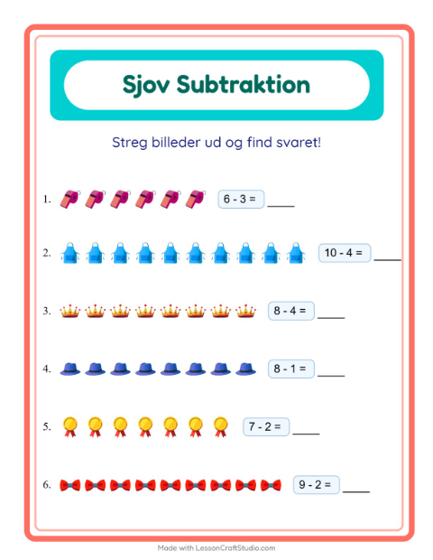 Forhåndsvisning af Subtraktion-arbejdsark med Tilbehør til Børnehaveklasse