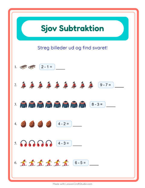 Forhåndsvisning af Subtraktion-arbejdsark med Vinter til Børnehaveklasse