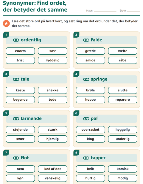 Forhåndsvisning af Synonymer-arbejdsark til 2. klasse