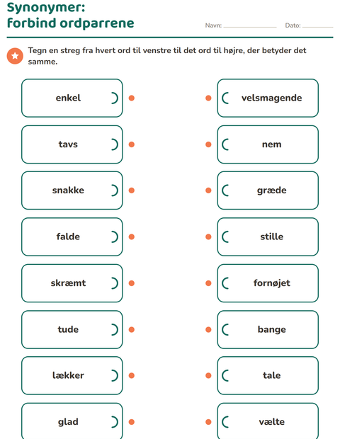 Forhåndsvisning af Synonymer – forbind ordparrene med en streg – 2. klasse