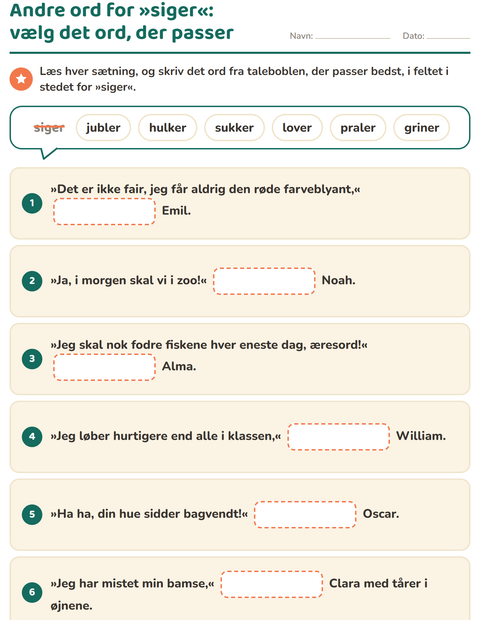 Forhåndsvisning af Synonymer-arbejdsark til 2. klasse