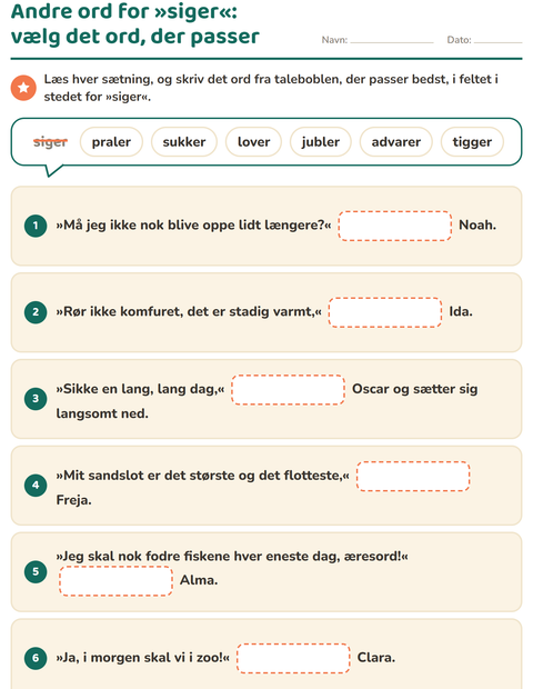Forhåndsvisning af Synonymer-arbejdsark til 2. klasse