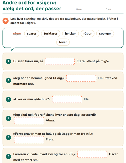 Andre ord for »siger« – vælg det ord, der passer – 2. klasse